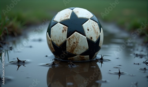 Dirty soccer ball in black and white in muddy water, representing outdoor sports in challenging conditions