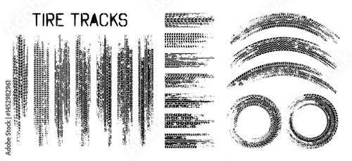 Grunge tire tracks, wheel braking marks. Truck, car or motorcycle tread pattern silhouettes. Auto race, motorsport, speed racing design element. Vector illustration