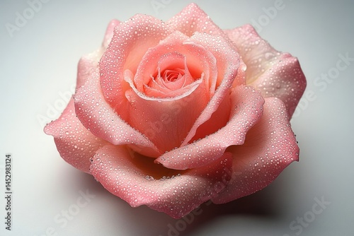 A single, dew-kissed pink rose, elegantly displayed against a soft, gray background.