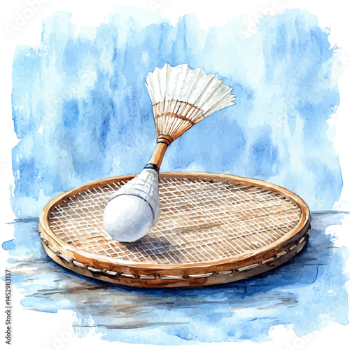 Badminton Racket And Shuttlecock, vector watercolor illustration, isolated on a white background.