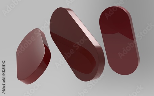 Three red vertically aligned, overlapping 3D ellipses in grey, minimalist design.