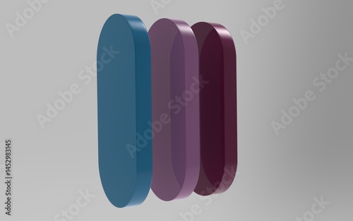 Three colorfull vertically aligned, overlapping 3D ellipses in grey, minimalist design.
