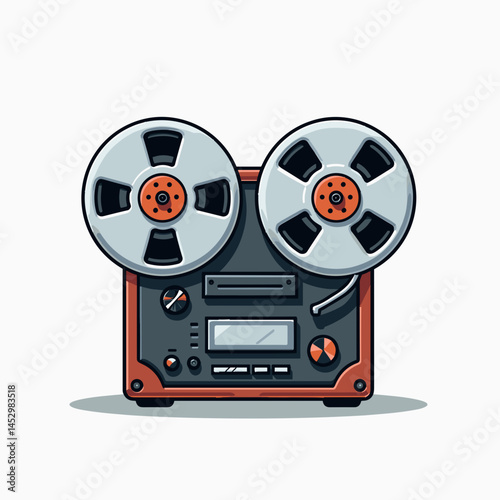 vintage film recorder with red tape, analog sound machine, retro movie camera, gray and orange color scheme