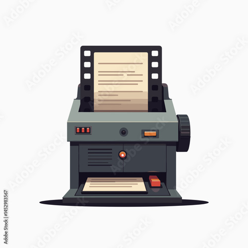vintage typewriter with film strips, retro office equipment, monochrome illustration