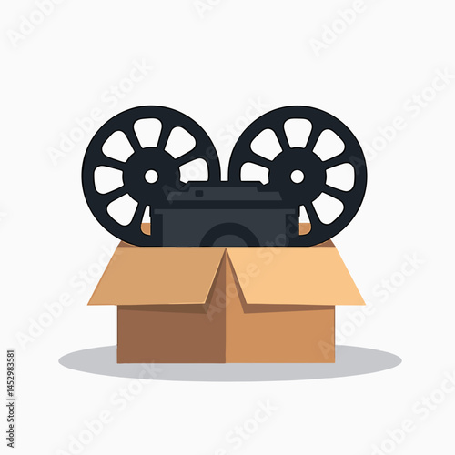 vintage camera in box  film reel, black and white illustration