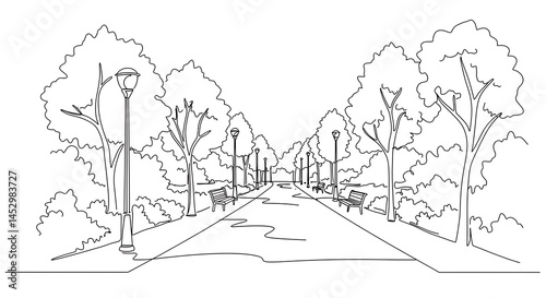 Serene Park Path: Line Art Illustration AI Generated