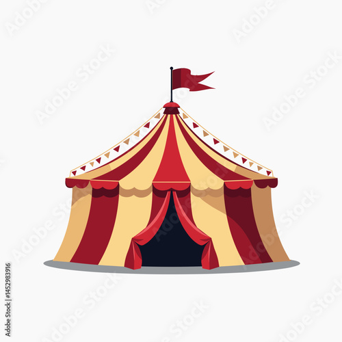 vibrant circus tent with red and yellow stripes, flag, and banner