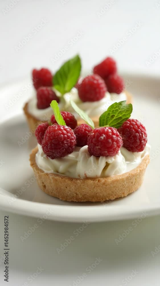Close-up view of two raspberry tarts with pastry crusts, cream filling, and mint leaves, served on a white plate. Close-up view of two raspberry tarts with pastry crusts, cream filling, and mint leaves, served on a white plate.