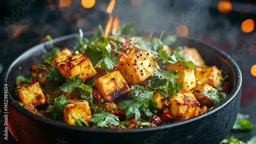 A bowl of flavorful Indian paneer with spices