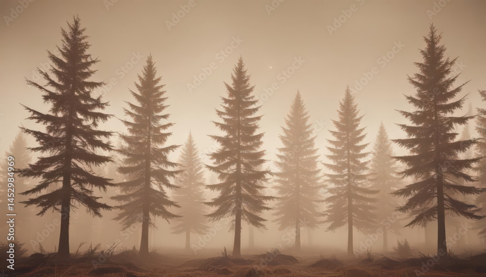 Fototapeta premium Mysterious misty fir trees, faded sepia tones, retro vibe, forest, mist, mountain
