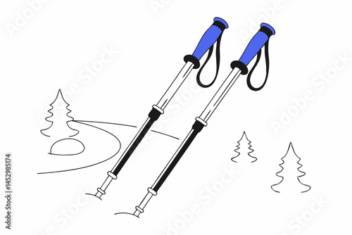 Hiking poles in flat design, blue and black, trekking accessory in winter forest