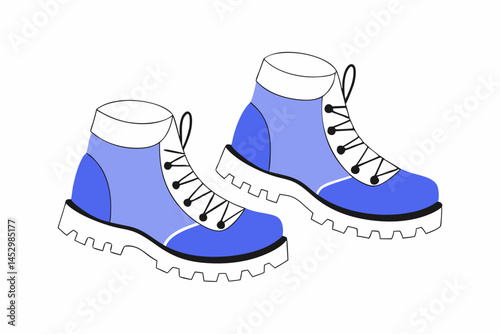 Hiking boots in blue color, flat style, outdoor gear for trekking and exploration