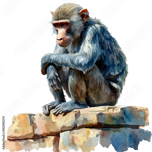 illustration of Baboon Sitting On A Rock, watercolor vector, isolated on a white background.