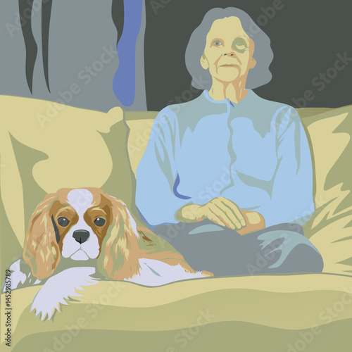 
Cavalier King Charles Spaniel laying on a couch next to an elderly woman in a cozy room 