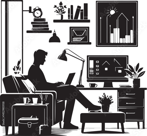 Modern Remote Work Setup with Person Working on Laptop at Home