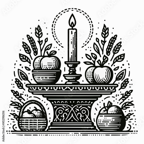 Candle lit on a table with apples, wheat, and baskets in a vintage style for Apple Spas