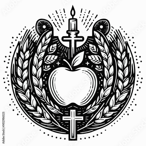 Apple surrounded by crosses and a candle in a laurel wreath in a vintage style for Apple Spas
