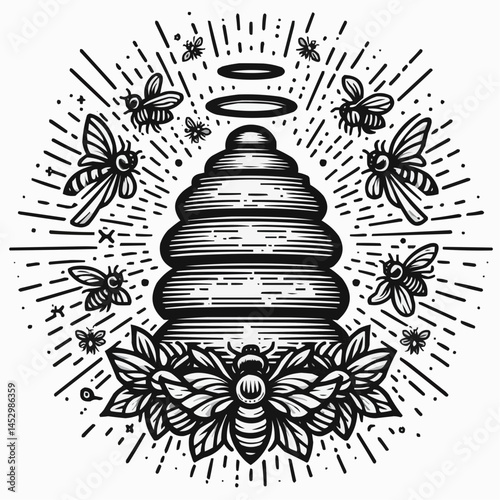 Beehive surrounded by buzzing bees and flowers in a vintage style
