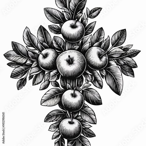 Cross adorned with apples and leaves in a vintage style for Apple Spas