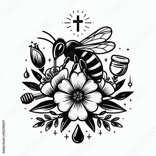 Bee collecting nectar from a flower with honey jar and cross, symbolizing Honey Saving Day
