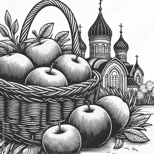 Basket of apples in front of a church, symbolizing Apple Saving Day and abundance