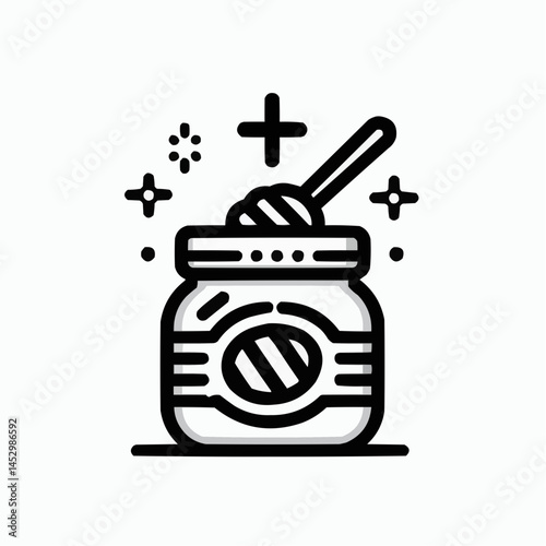 Stylized honey jar with a dipper and sparkling elements, representing sweetness and health
