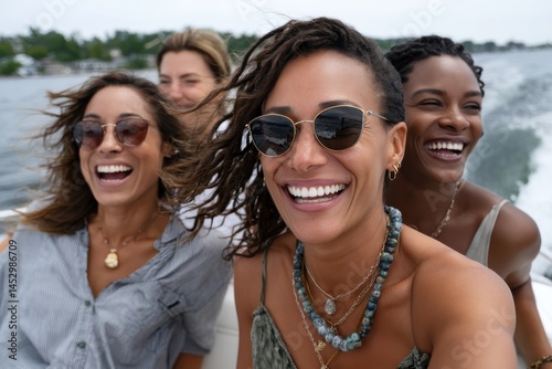 Four smiling friends on a speedboat, sharing laughter amidst thrilling splashes of water, capturing the essence of carefree adventure and the joy of togetherness on a sunny day.