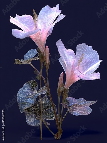The image shows two rendered flowers. One is wide open, and the other is semi closed, with two unopened buds. They are on stems with a few leaves photo