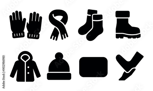 Winter clothing silhouette icons set – solid, filled, seasonal apparel and accessories