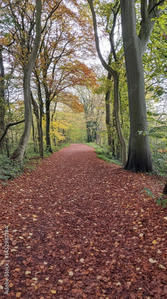 Naklejka premium Autumn forest path covered in fallen leaves