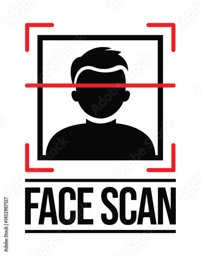 Black silhouette of a person facing forward with red frame, lines, and "FACE SCAN" text. Bold sans-serif font, minimalist vector icon on white. Neutral, illustrates face scan technology.