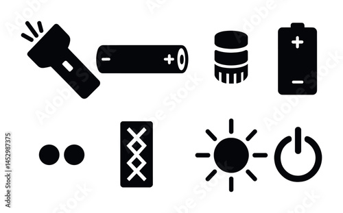 Energy and power solid icons set – electricity, battery, utility symbols