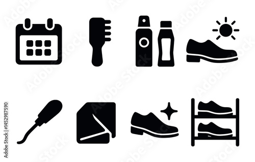 Daily essentials solid icons set – filled, household, and personal care symbols