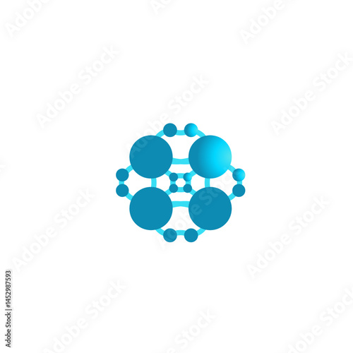 Complex geometric design featuring interconnected blue spheres on black backdrop