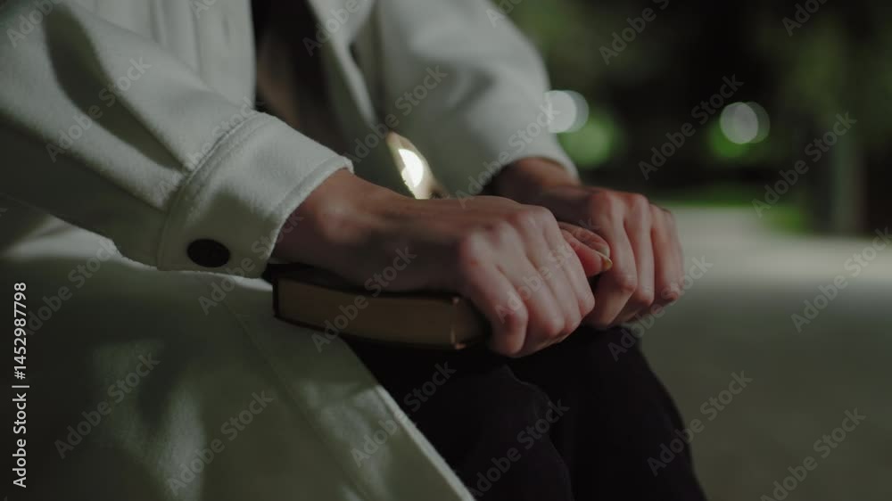 Close up girl in white coat moving book forward with both hands, serene nighttime atmosphere enhanced by distant bokeh lights and soft blur background