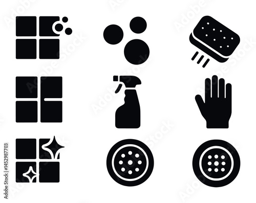 Cleaning and household solid icons set – filled, hygiene, sanitation symbols
