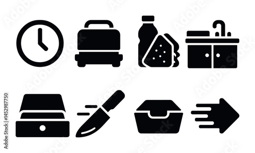 Kitchen and cooking solid icons set – silhouette, filled, culinary, food tools