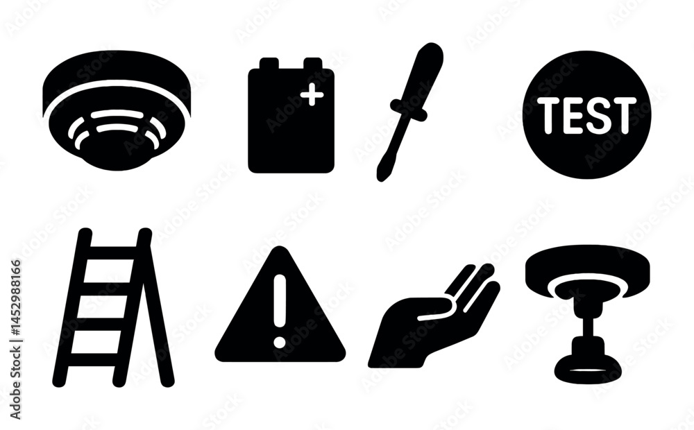 Fototapeta premium Home security icons: alarm, safety tools, and warning symbols for design use