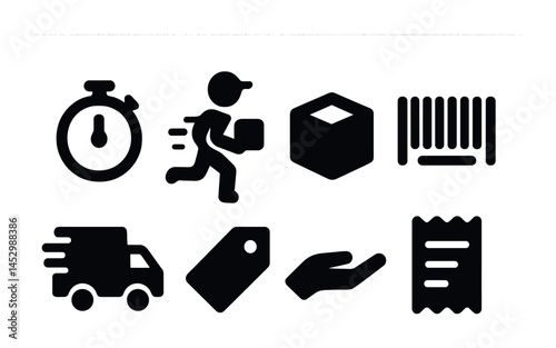 Delivery and shipping solid icons set – logistics, transportation, courier symbols
