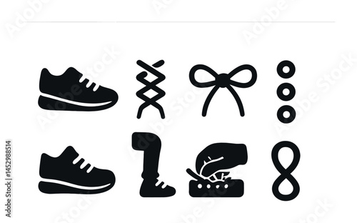 Shoe lace flat icons set – footwear, tying, sneaker design elements