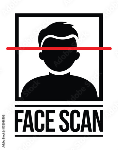 Black silhouette of a person facing forward with red frame, lines, and "FACE SCAN" text. Bold sans-serif font, minimalist vector icon on white. Neutral, illustrates face scan technology.