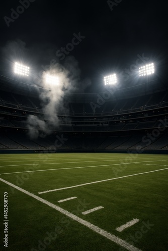 Nighttime Football Field With Stadium Lights Illuminating the Grass and Smoke...