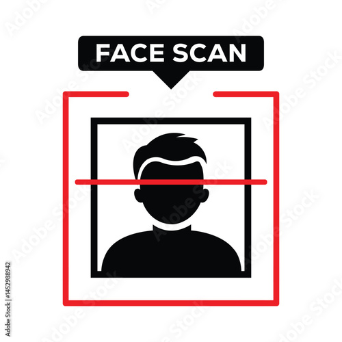 Black silhouette of a person facing forward with red frame, lines, and "FACE SCAN" text. Bold sans-serif font, minimalist vector icon on white. Neutral, illustrates face scan technology.