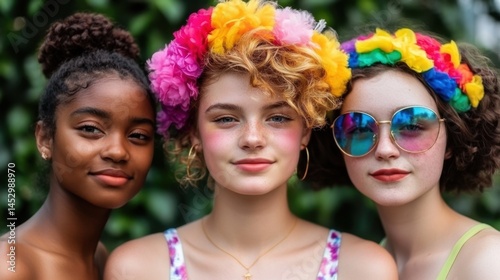Three Young Women Wearing Colorful Flower Crowns in Summer Setting