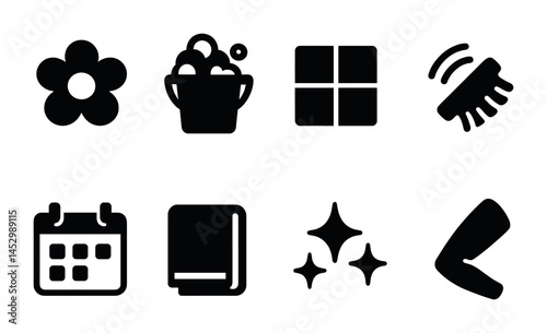 Cleaning and housework silhouette icons set – filled, solid, chores and sanitation