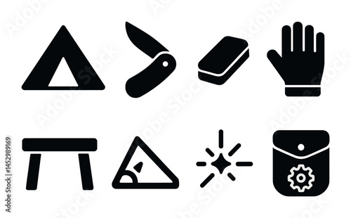 Camping and hiking solid icons set – filled, outdoor and adventure symbols