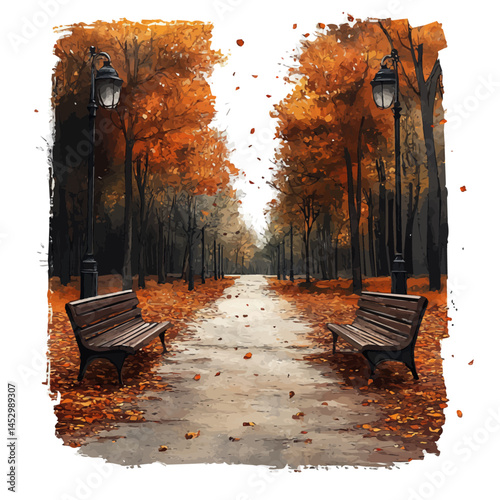 watercolor of Autumn Park With Benches And Falling Leaves, vector, isolated on a white background.