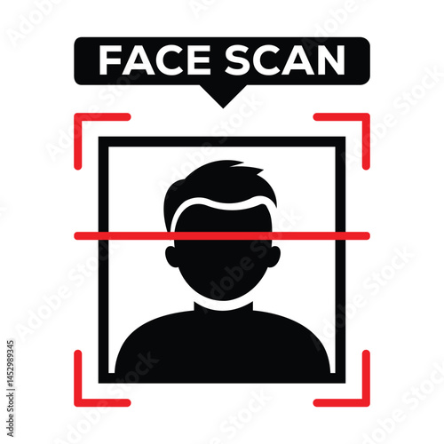 Black silhouette of a person facing forward with red frame, lines, and "FACE SCAN" text. Bold sans-serif font, minimalist vector icon on white. Neutral, illustrates face scan technology.