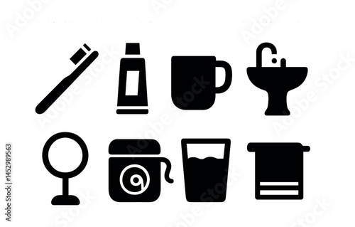 Bathroom essentials solid icons set – flat, filled, hygiene and daily routine symbols