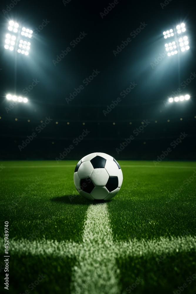 Bright Stadium Lights Illuminate a Soccer Ball on the Field During an Evening Match